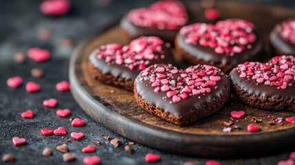 Heart shaped chocolate confections with pink sprinkles for valentine's day celebration