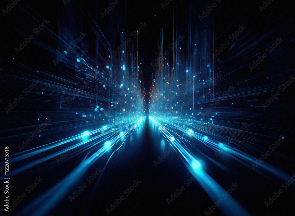 Aufkleber Grainy texture, a digital tunnel of light streaks and glowing particles explodes from a central vanishing point against a dark background.  The effect is one of speed and energy.