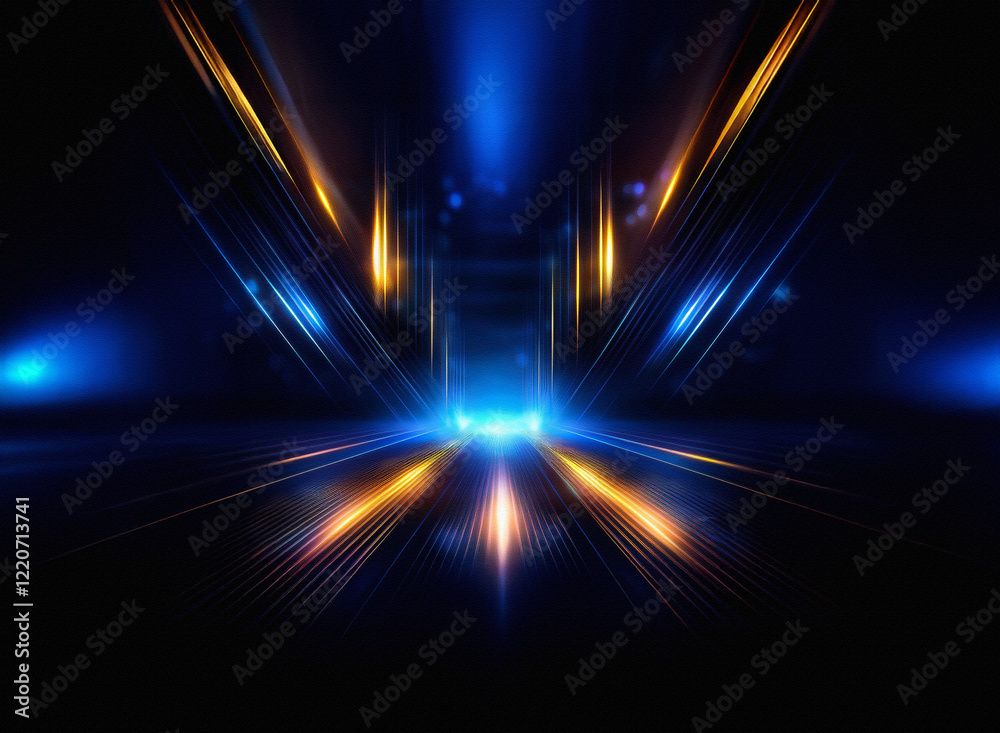 Poster Grainy texture, dark abstract background.  Glowing lines converge at vanishing point, creating a sense of depth and speed.  Blue and orange lights illuminate the scene.