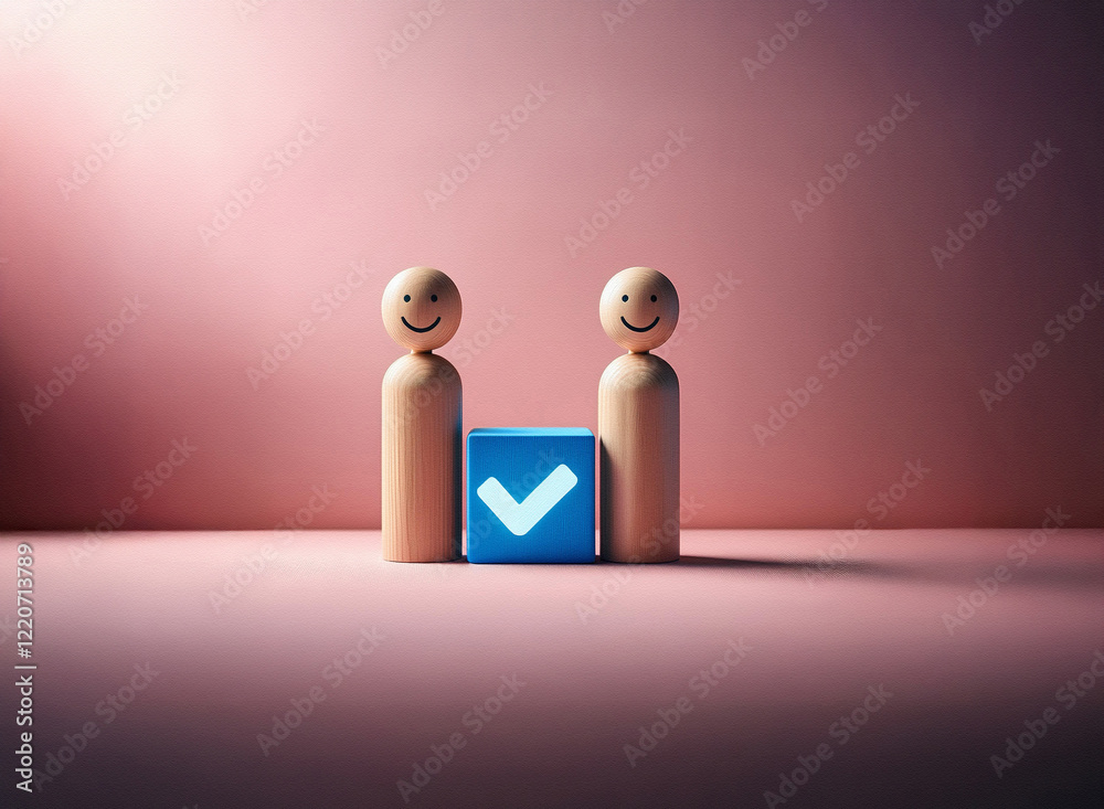 Leinwandbilder two happy wooden figures stand beside a blue cube with a checkmark. the grainy texture of the image 