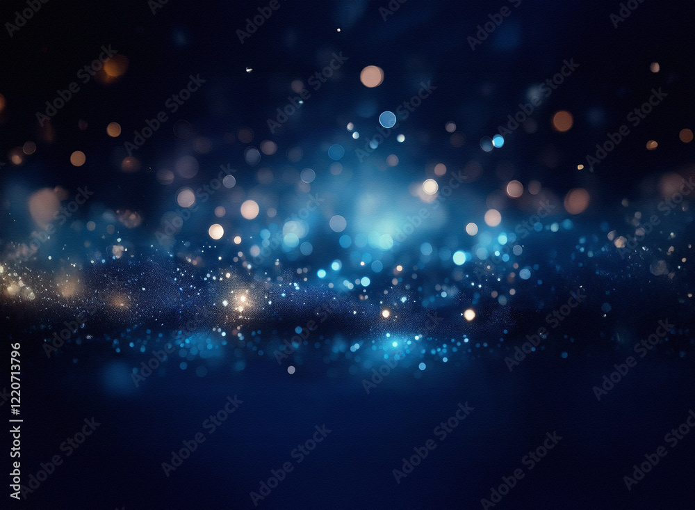 Poster a grainy, textured dark blue background with glowing particles and bokeh. the light creates a dreamy