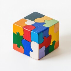 Fototapeta premium Colorful puzzle cube displaying solved sides, designed for play and problem-solving activities at home or office