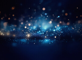 A grainy, textured dark blue background with glowing particles and bokeh.  The light creates a dreamy, ethereal effect.