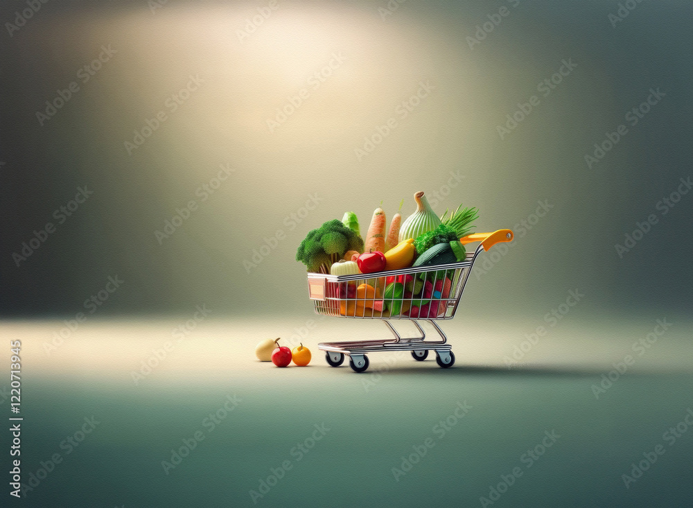 Poster a miniature shopping cart overflowing with fresh produce sits on a grainy, textured surface, illumin