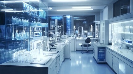 A high-tech medical lab with advanced equipment and futuristic designs