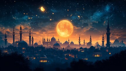 Magical Middle Eastern Cityscape at Night with a Giant Moon and Starry Sky