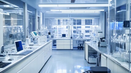 A high-tech medical lab with advanced equipment and futuristic designs