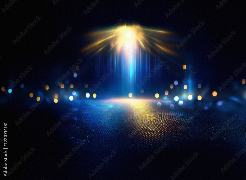 Aufkleber grainy texture, dark background with vibrant light beams converging at center. blue and gold hues cr