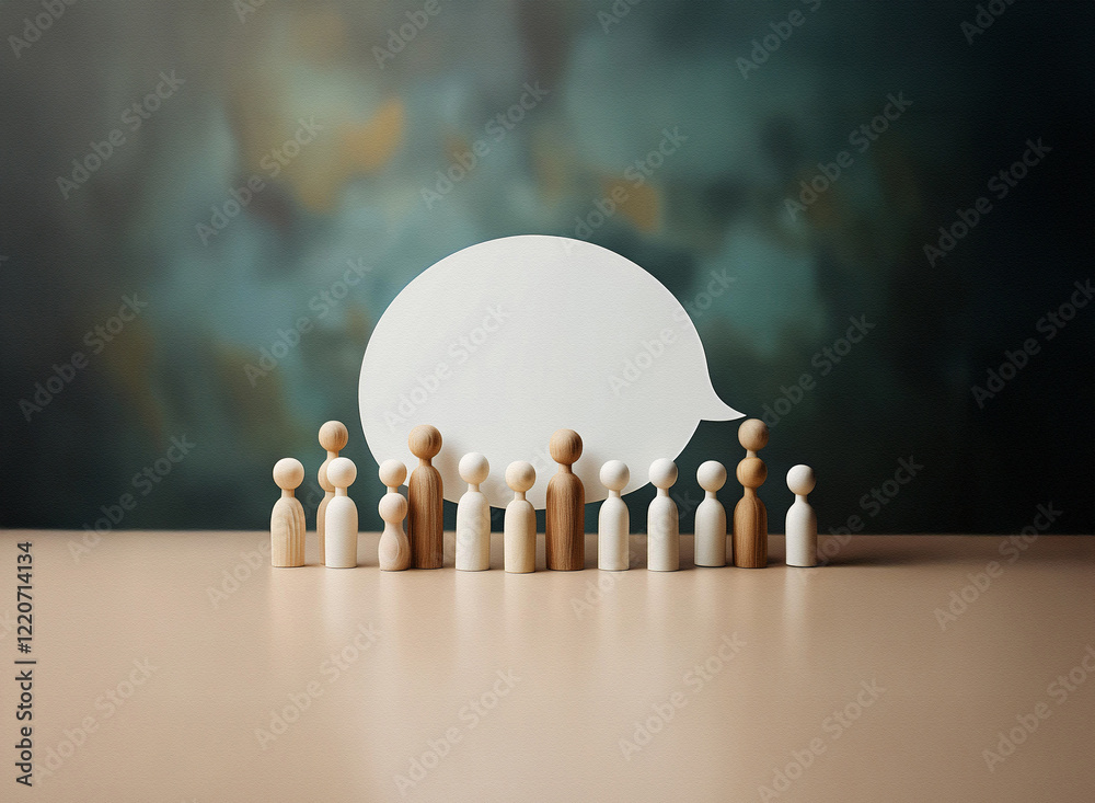 Poster A grainy textured image shows a group of small wooden figures standing before a large blank speech bubble.  The background is a blurred teal and gold.