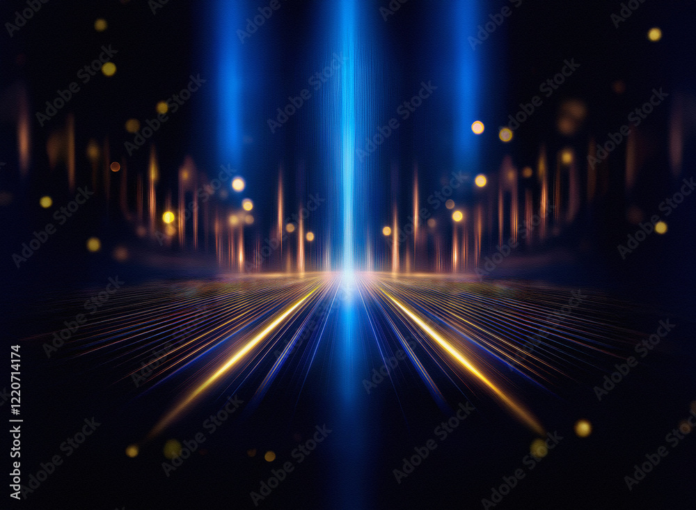 Aufkleber grainy texture, dark blue background with bright golden and blue light streaks converging at a vanis