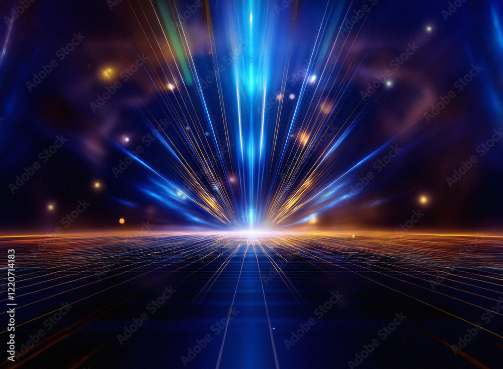 Poster grainy texture, vibrant blue and orange light beams radiate from a central point, creating a futuris