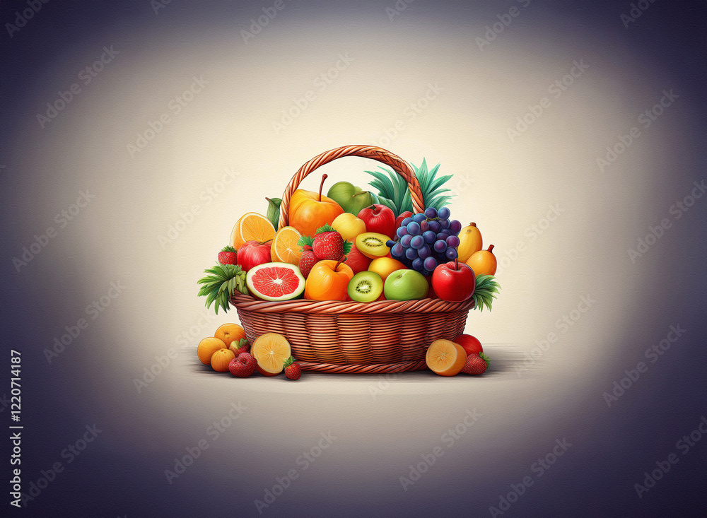 Poster a brimming wicker basket overflows with a vibrant assortment of fresh fruit. the grainy texture adds