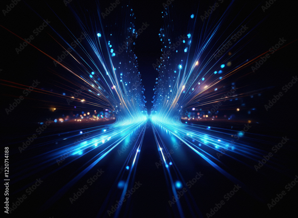 Poster grainy texture of light streaks forming a glowing, symmetrical path. bright blue and orange lights r