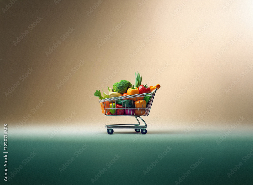 Poster a miniature shopping cart overflows with vibrant vegetables. the grainy texture of the image adds a 