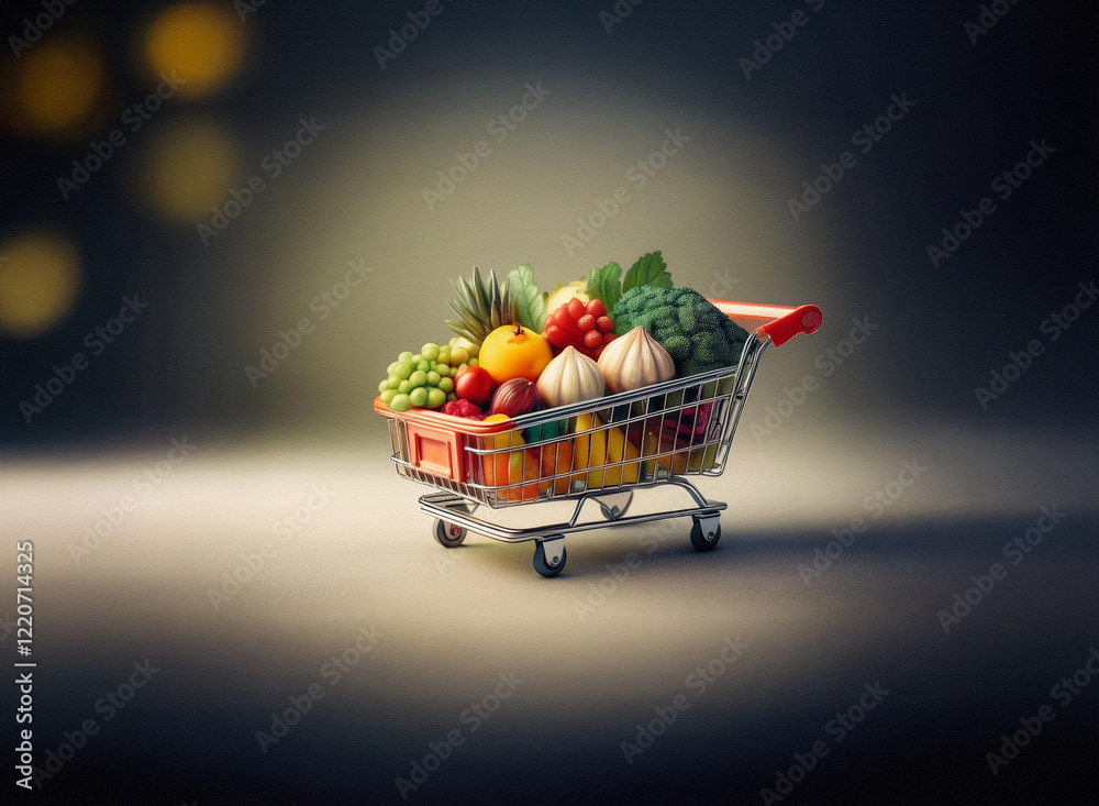 Poster a miniature shopping cart overflowing with fresh produce. the image has a grainy texture and dramati