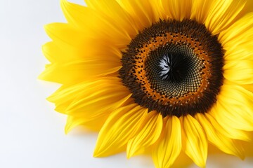 Fototapeta premium A vibrant sunflower with bright yellow petals and a dark center, symbolizing happiness and warmth, set against a light background.