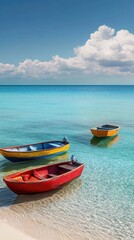 Naklejka premium Vibrant boats resting peacefully on a tropical beach with clear azure waters under a bright sky