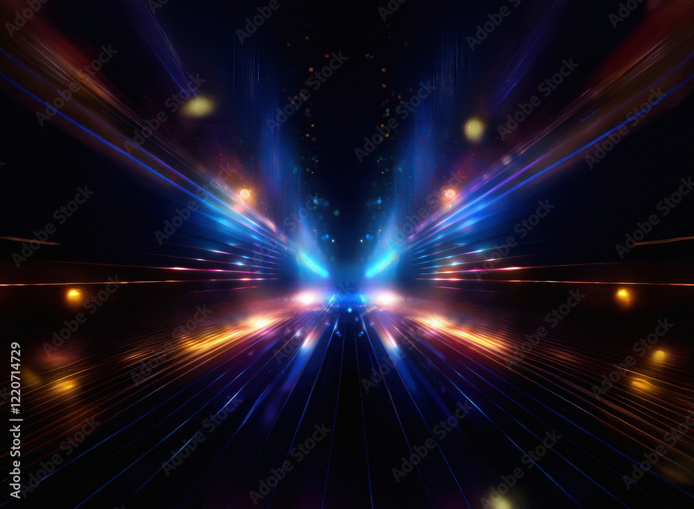 Aufkleber grainy texture, vibrant light streaks converge at a central point, creating a dynamic, symmetrical c