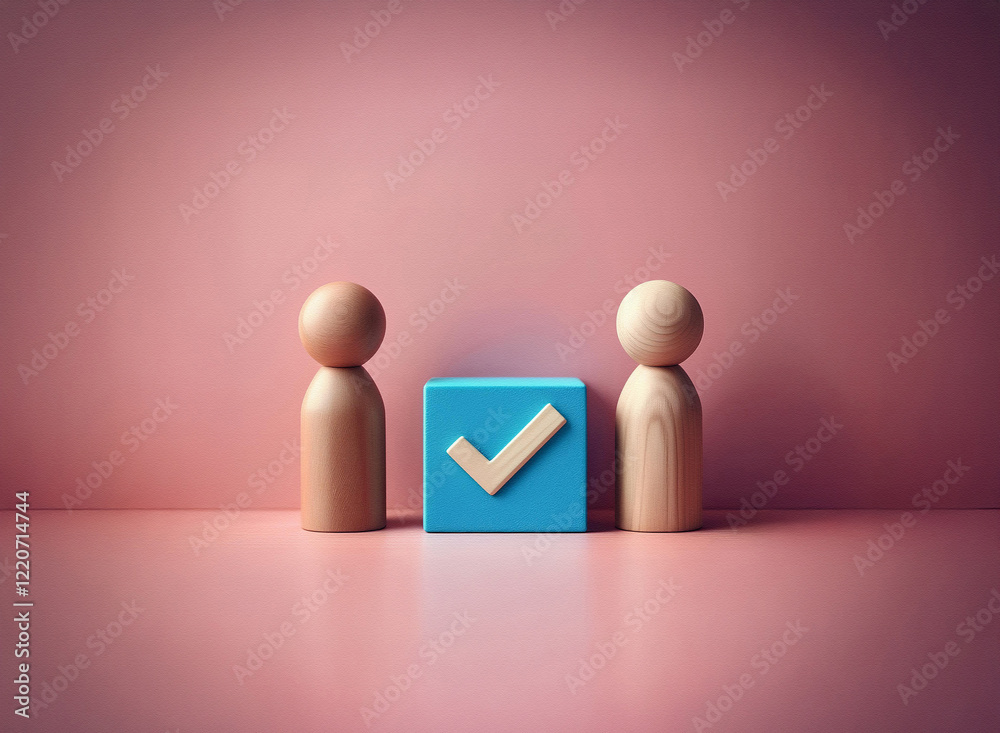 Leinwandbilder Two wooden figures stand flanking a blue cube displaying a checkmark.  The grainy texture of the image adds to its minimalist aesthetic.