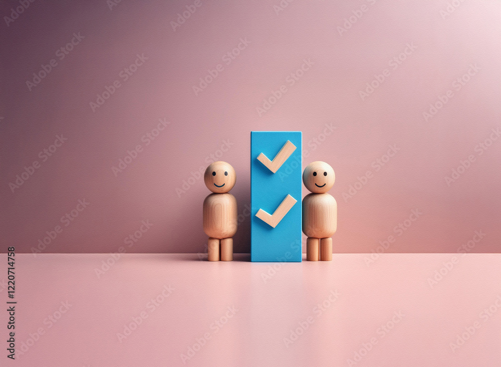 Leinwandbilder two smiling figures stand beside a grainy textured blue block displaying checkmarks. the scene sugge