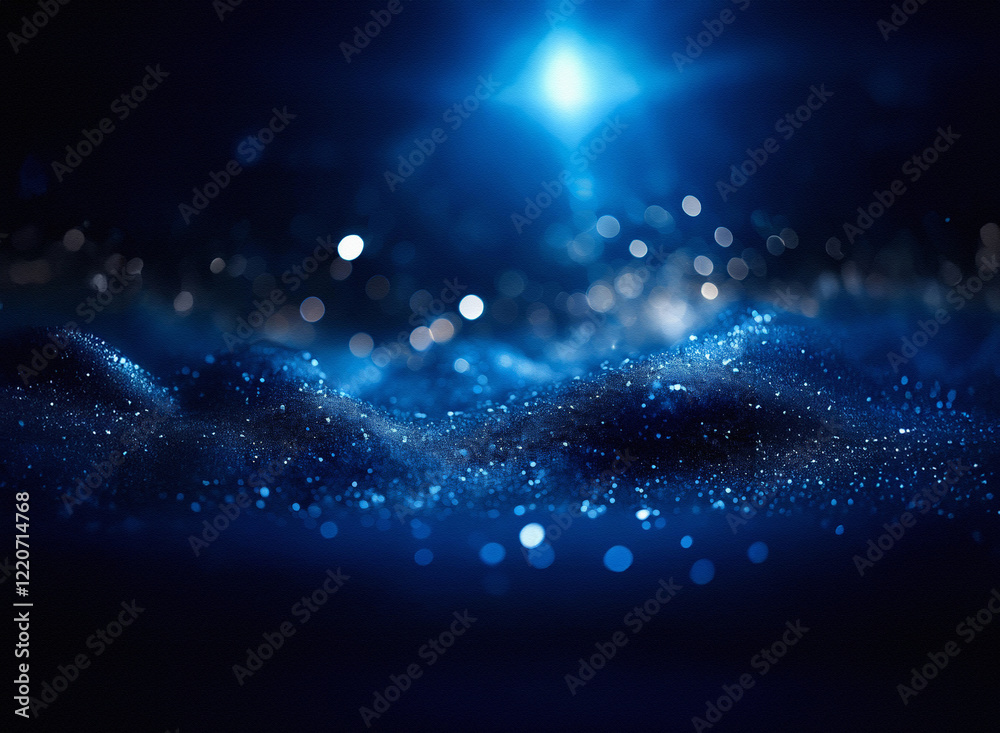 Poster Dark blue, grainy textured landscape with sparkling lights.  A bright light source illuminates the undulating surface, creating a sense of depth and mystery.
