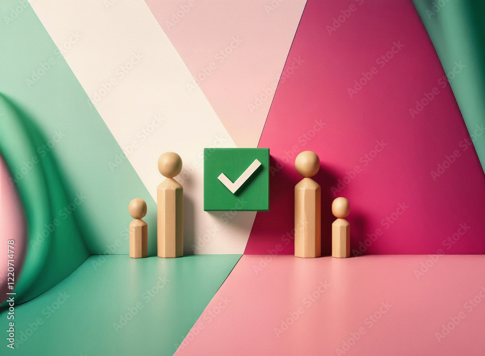 Poster grainy textured image of wooden figures, a family, standing before a green checkmark symbol against 