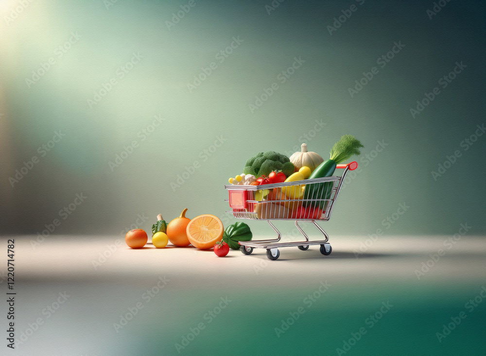 Poster a miniature shopping cart overflowing with vibrant fruits and vegetables sits on a grainy, textured 