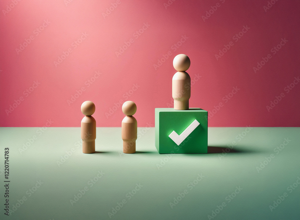 Aufkleber grainy texture image shows three wooden figures; two stand before a taller figure on a green cube wi