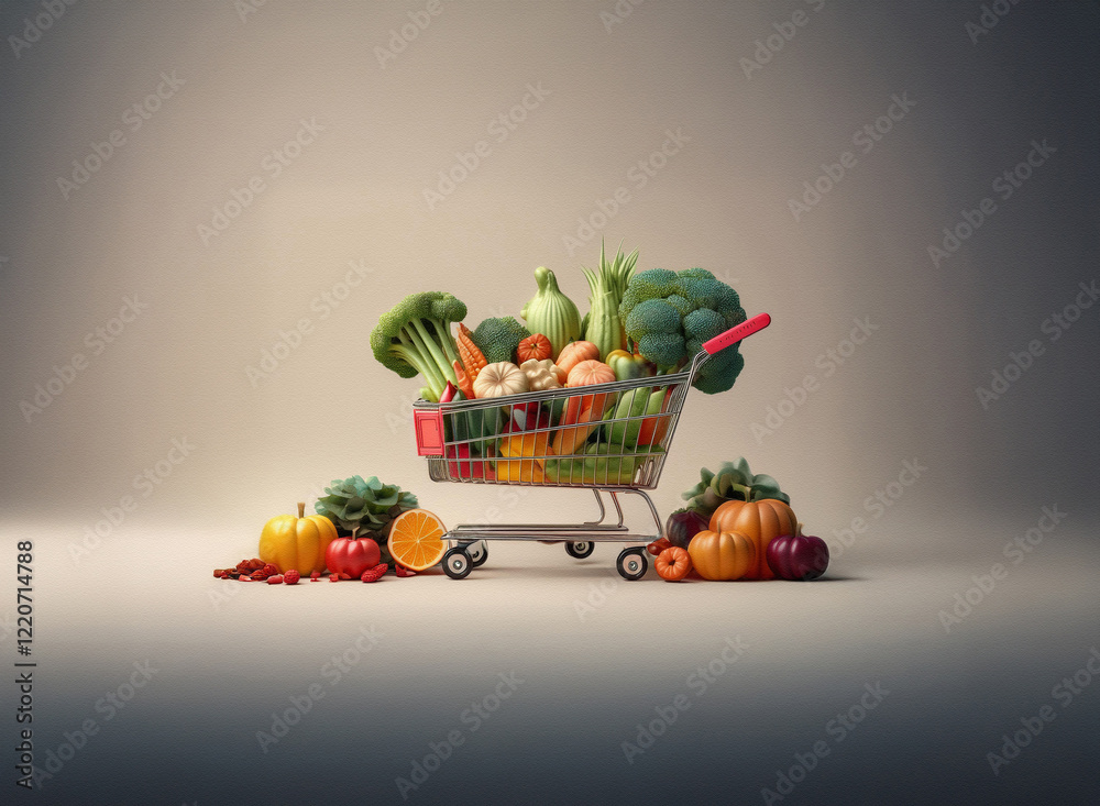 Poster a miniature shopping cart overflows with vibrant fruits and vegetables. the grainy texture of the im