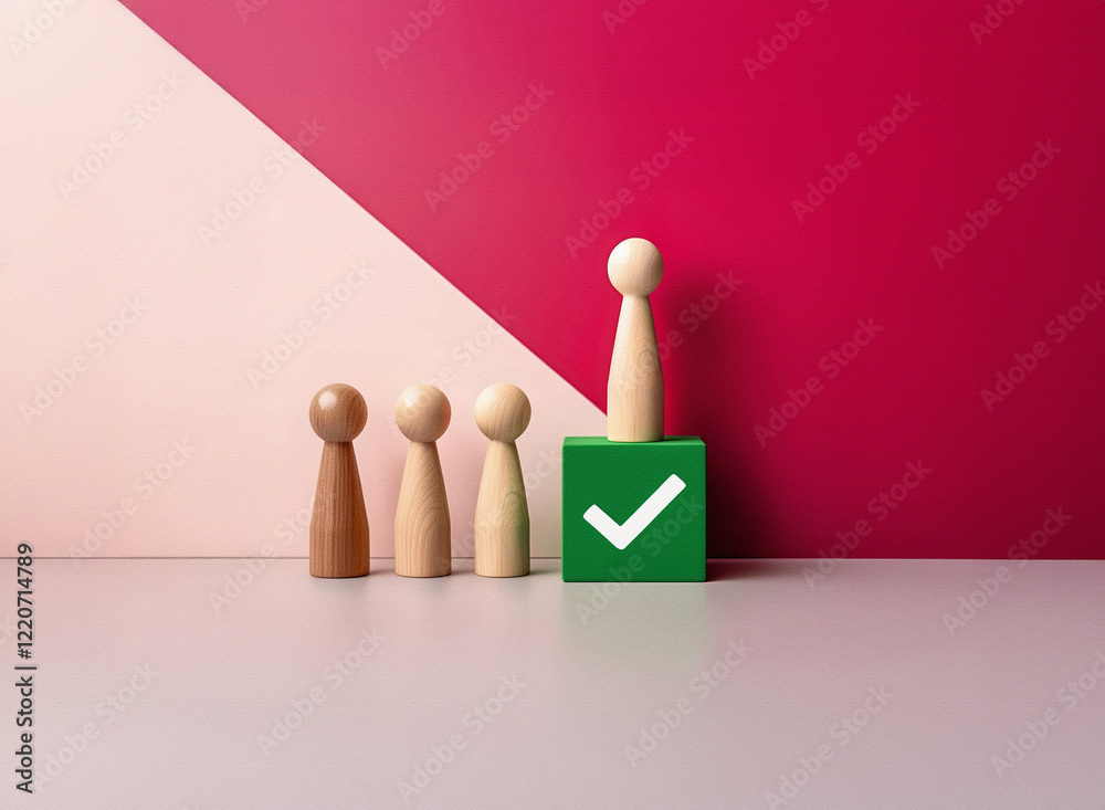Poster Grainy image of wooden figures; one stands taller on a green block with a checkmark, suggesting achievement and standing out from the crowd.  The background has a pink and maroon color split.  Texture