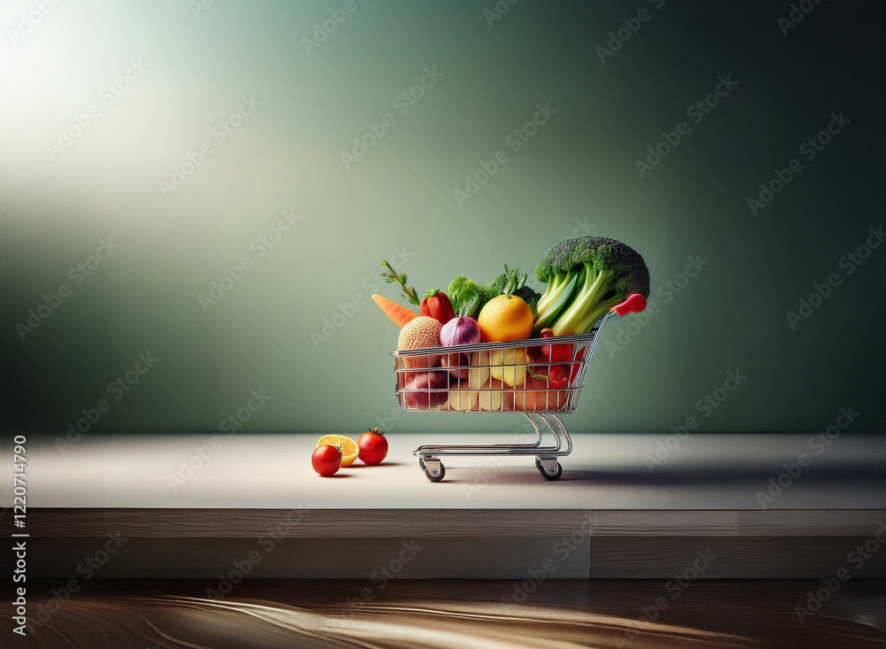 Poster A miniature shopping cart overflowing with fresh vegetables sits on a wooden surface. The grainy texture of the image adds a rustic charm.  The scene is subtly lit, creating a warm and inviting atmosp