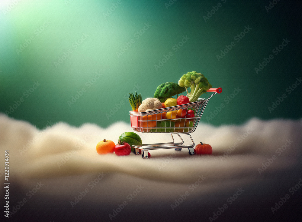 Aufkleber a miniature shopping cart overflowing with vibrant vegetables sits on a grainy, textured surface aga