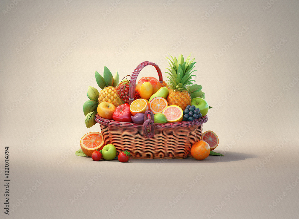 Poster A brimming wicker basket overflows with a vibrant array of fresh fruits. The grainy texture of the image adds a unique artistic touch.