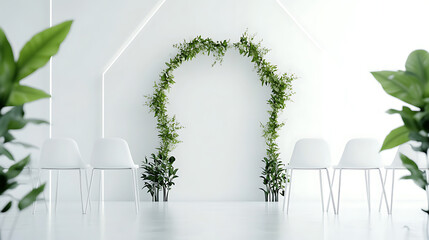 A minimalist wedding ceremony featuring clean white decor sleek chairs and a geometric arch decorated with greenery 