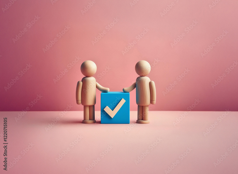 Aufkleber two simple figures stand beside a grainy, textured blue square with a checkmark, symbolizing agreeme
