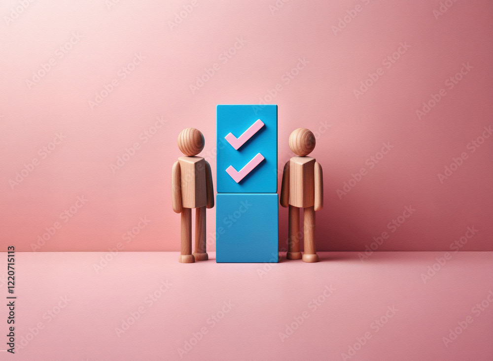 Aufkleber grainy textured image of two wooden figures flanking a light blue square with pink checkmarks agains