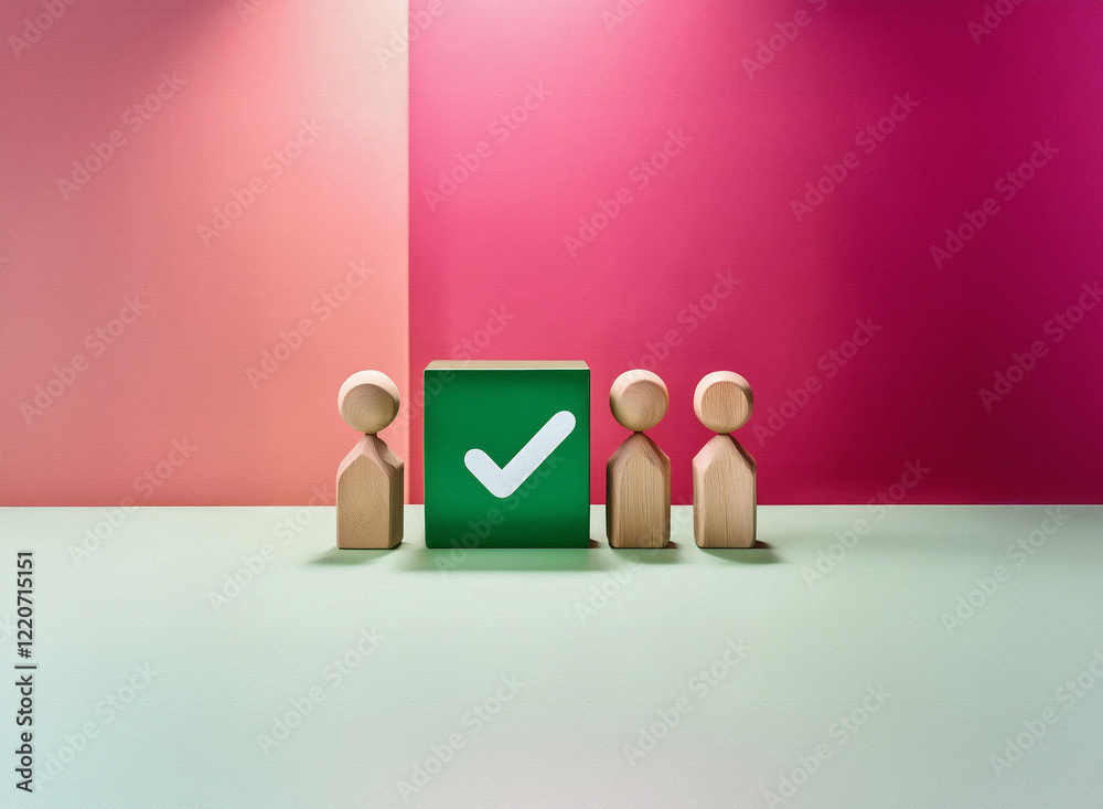 Poster Grainy texture image of three wooden figurines standing before a green block with a checkmark, set against a pink and pale green backdrop.  The scene evokes a sense of approval or completion.