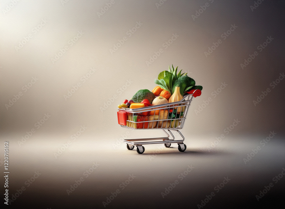 Poster a miniature shopping cart overflowing with fresh vegetables. the grainy texture of the image adds a 