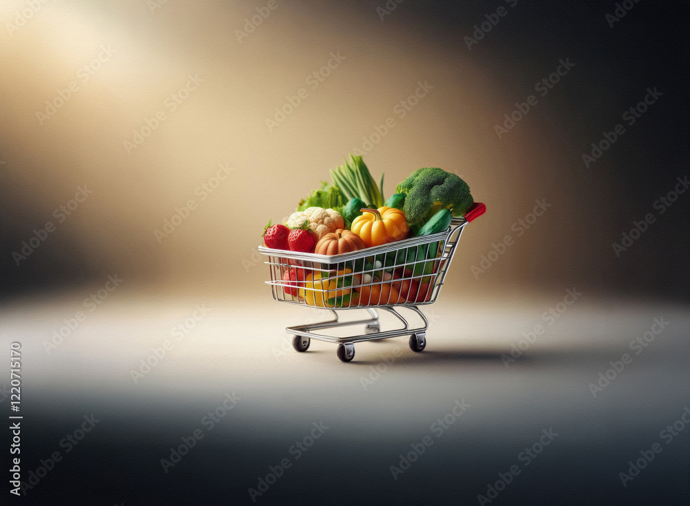 Poster A miniature shopping cart overflowing with fresh vegetables sits on a light gray surface. The grainy texture of the image adds to the rustic feel.  A soft light highlights the colorful produce.