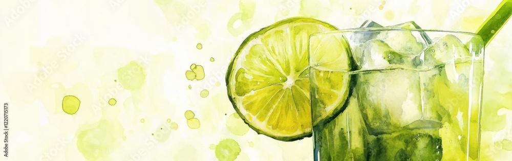 Poster refreshing close-up of a glass of citrus drink with ice and lime slice surrounded by a vibrant water