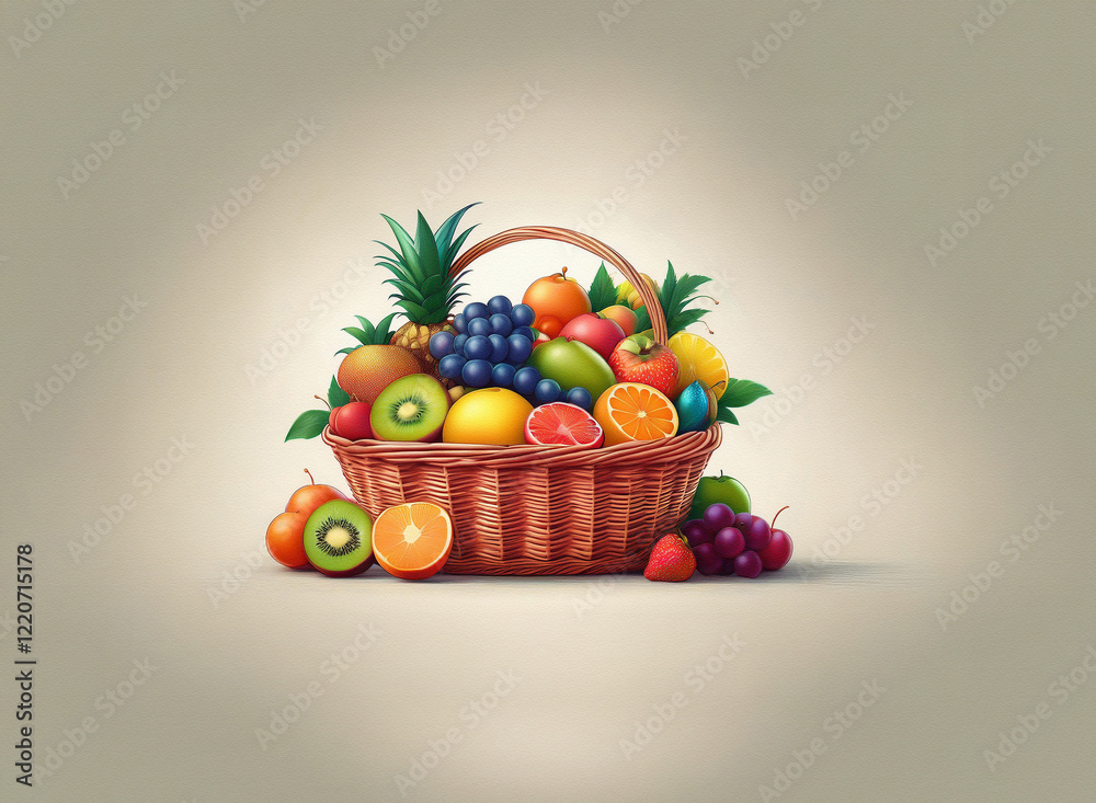 Poster a brimming wicker basket overflows with a vibrant assortment of fresh fruits. the grainy texture of 