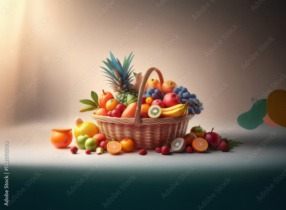 Aufkleber sunlit still life of a wicker basket overflowing with a variety of colorful fruits. grainy texture a