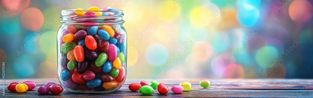 Poster colorful jelly beans in a clear jar create a vibrant display against a soft watercolor background