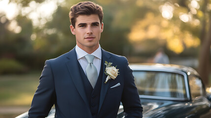 A stylish portrait of a groom standing confidently in his wedding suit with a detailed focus on his boutonniere and tie 