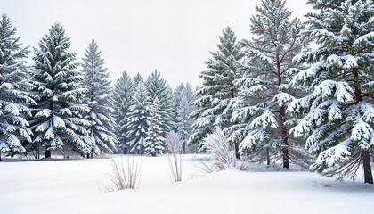 Fototapeta premium Snow-covered Pine Trees in Winter Landscape, serene nature