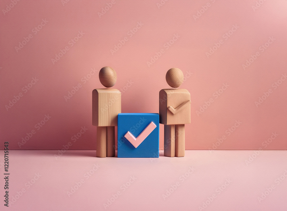 Poster two wooden figurines stand by a blue square with a checkmark. the grainy texture of the image adds a