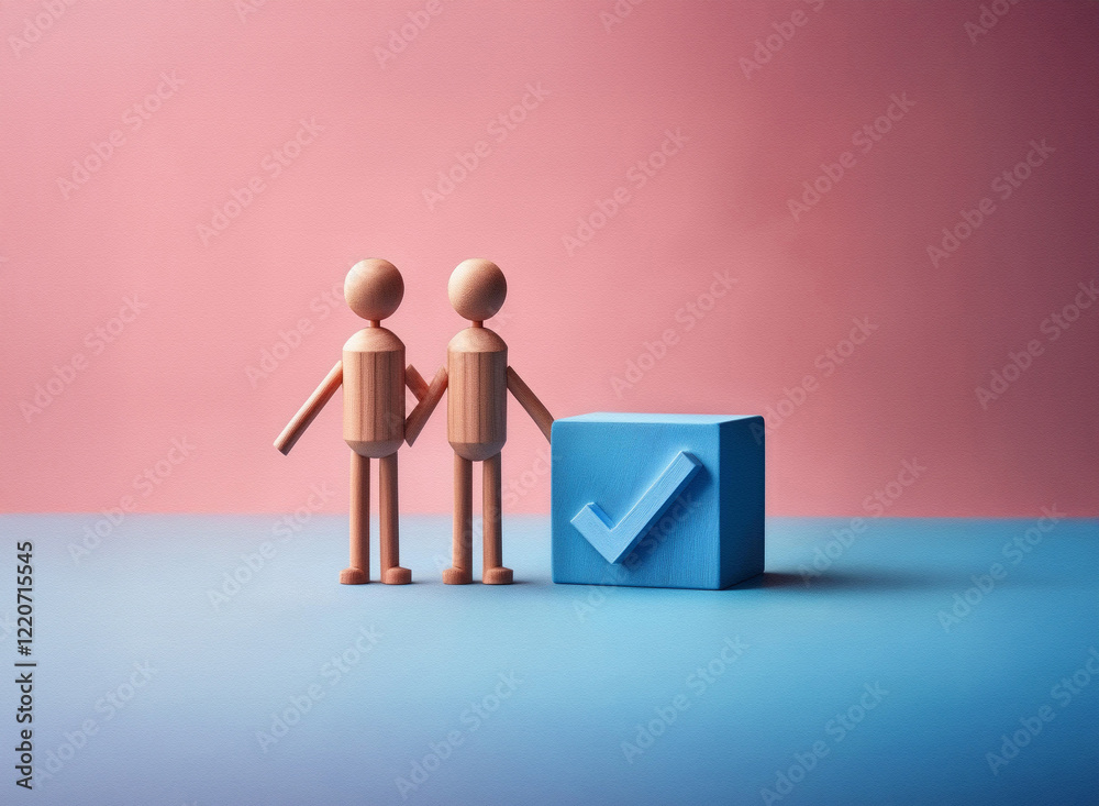 Poster grainy texture image of two wooden figures holding hands, standing beside a blue cube with a checkma