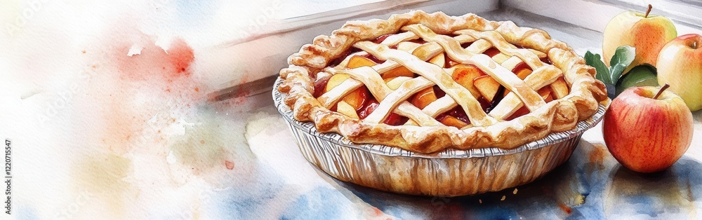 Poster close-up of a freshly baked apple pie resting on a table with watercolor background and complementar