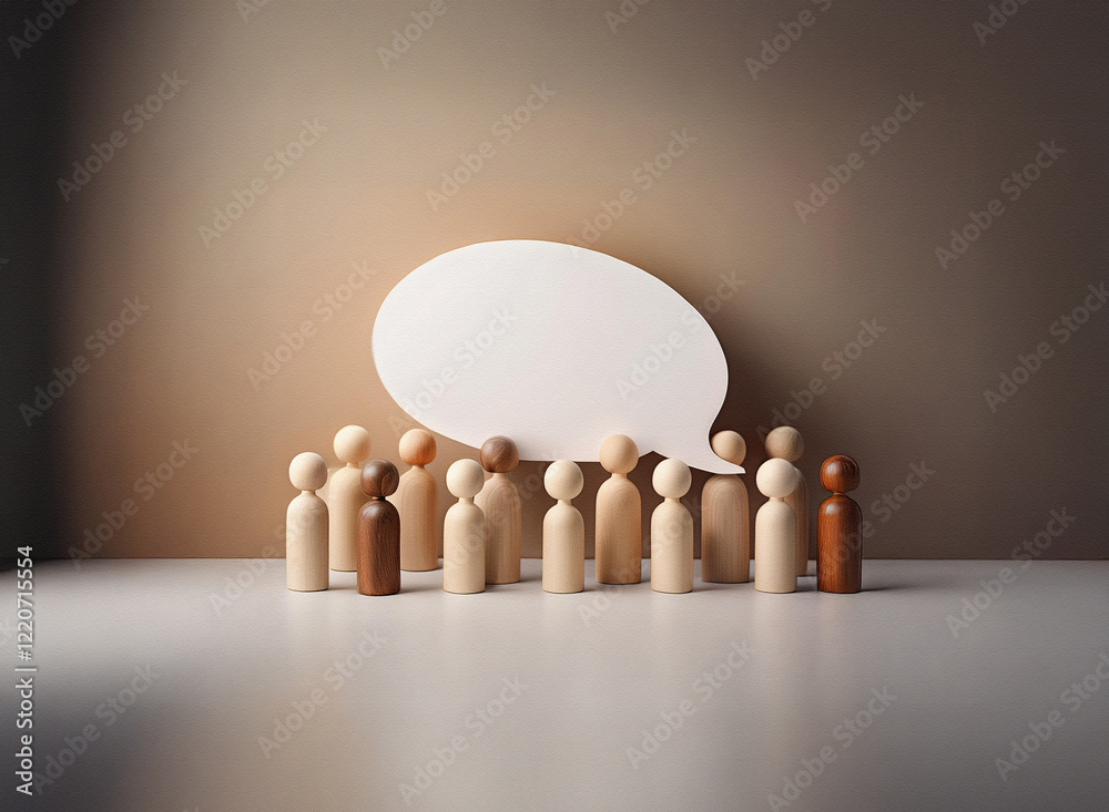 Poster a group of diverse wooden figures stands before a large, blank speech bubble. the grainy texture of 