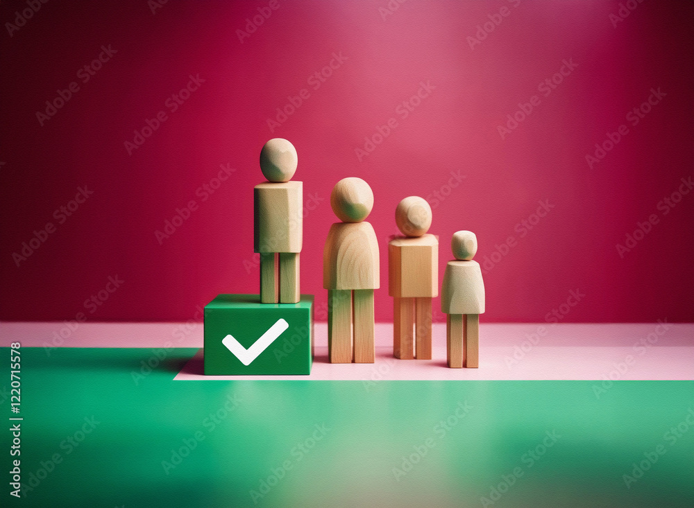 Poster Grainy image of wooden figurines of varying heights, standing in a line on a green and pink surface. One stands on a green block with a checkmark, suggesting completion or approval.  The texture of th
